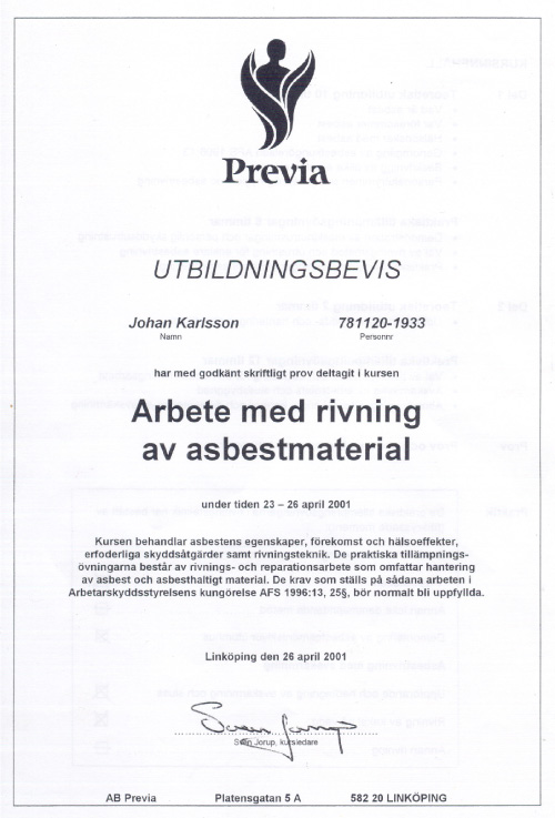 Bevis Arbete med asbest